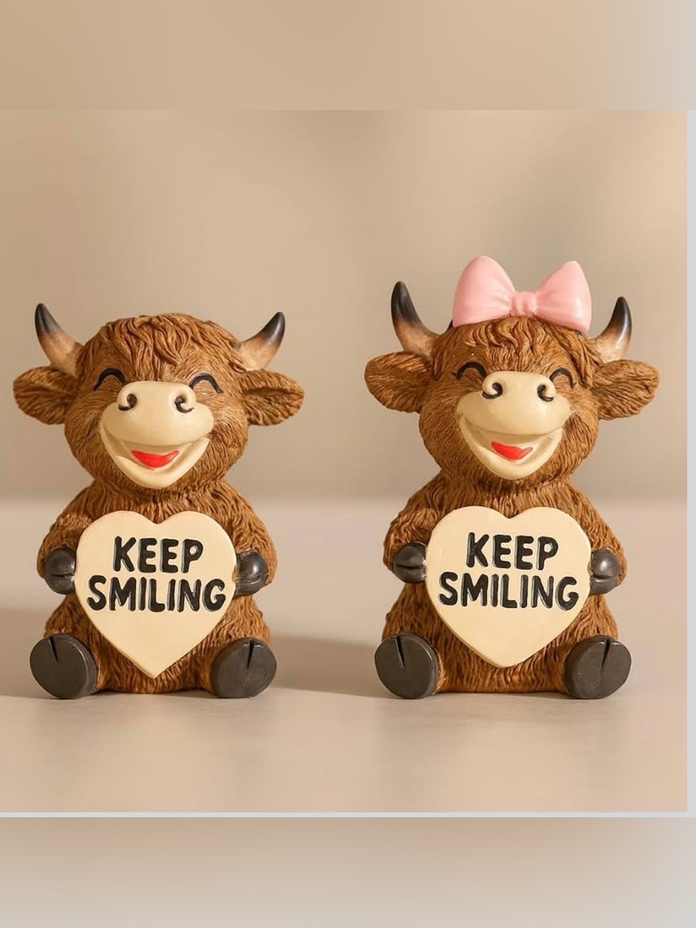 Istatue Hand-Painted Keep Smiling Brown Cow Figurine Pair -Cute Home Party Decor